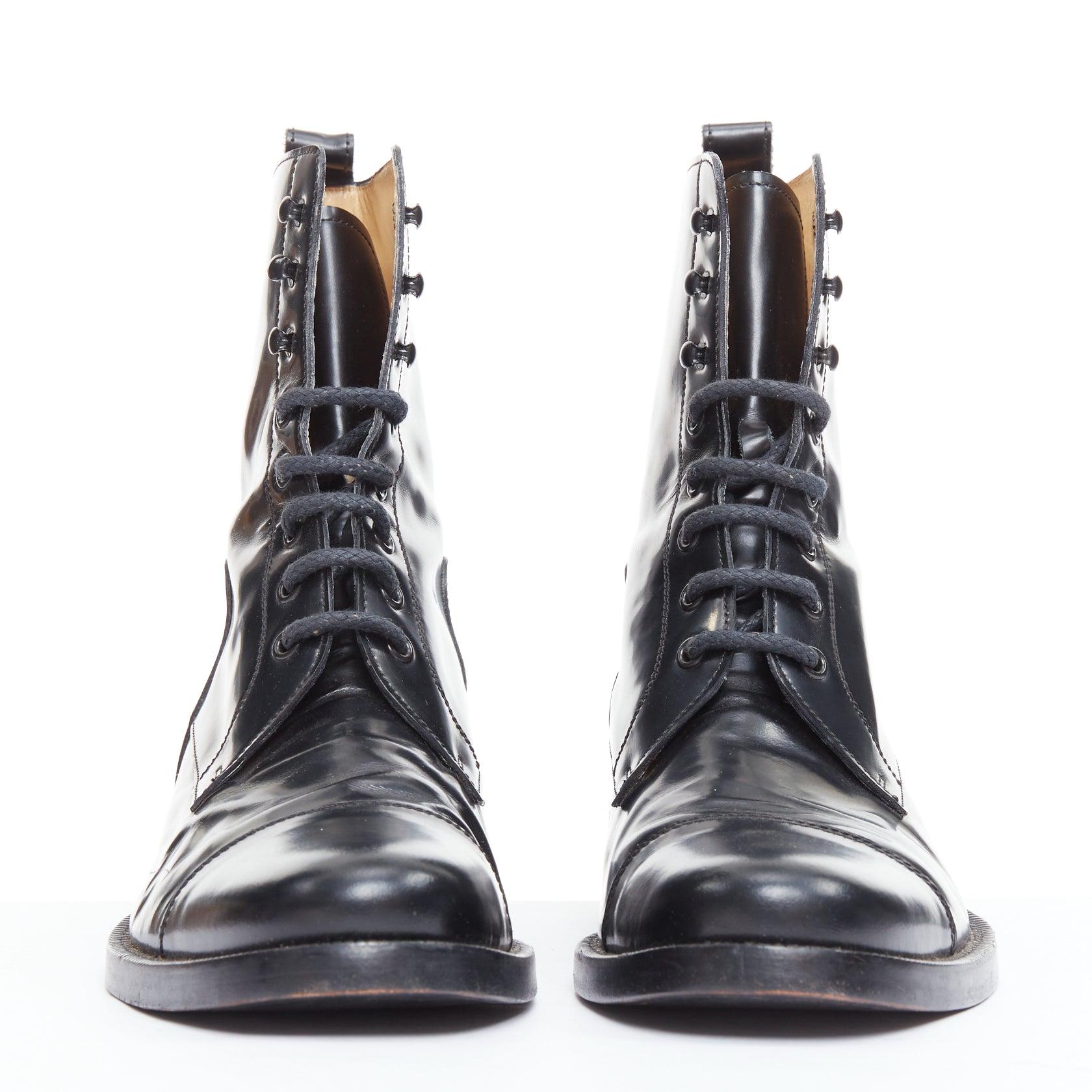 Black BALENCIAGA black polished leather lace up topstitch combat boots EU41 For Sale