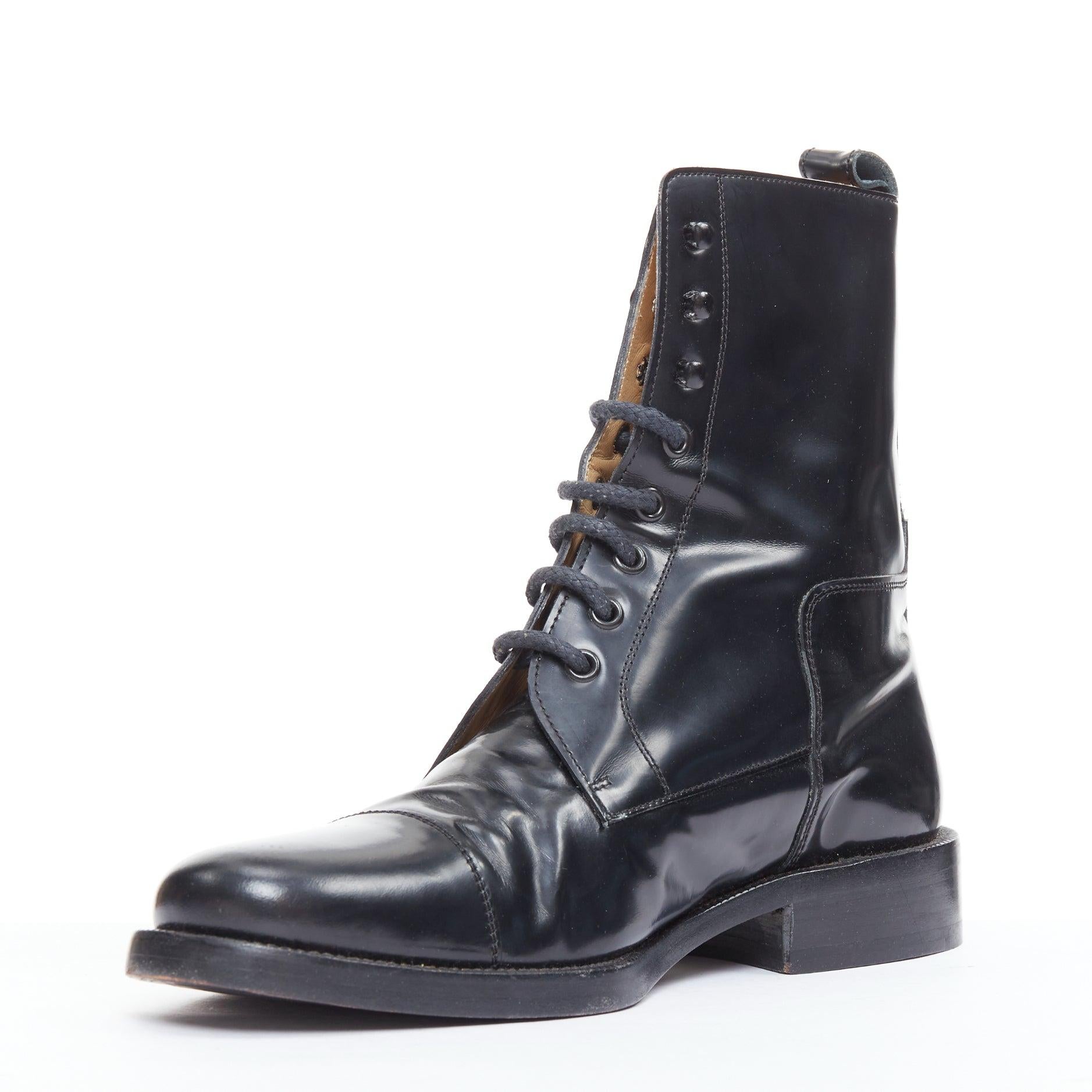 BALENCIAGA black polished leather lace up topstitch combat boots EU41 In Fair Condition For Sale In Hong Kong, NT