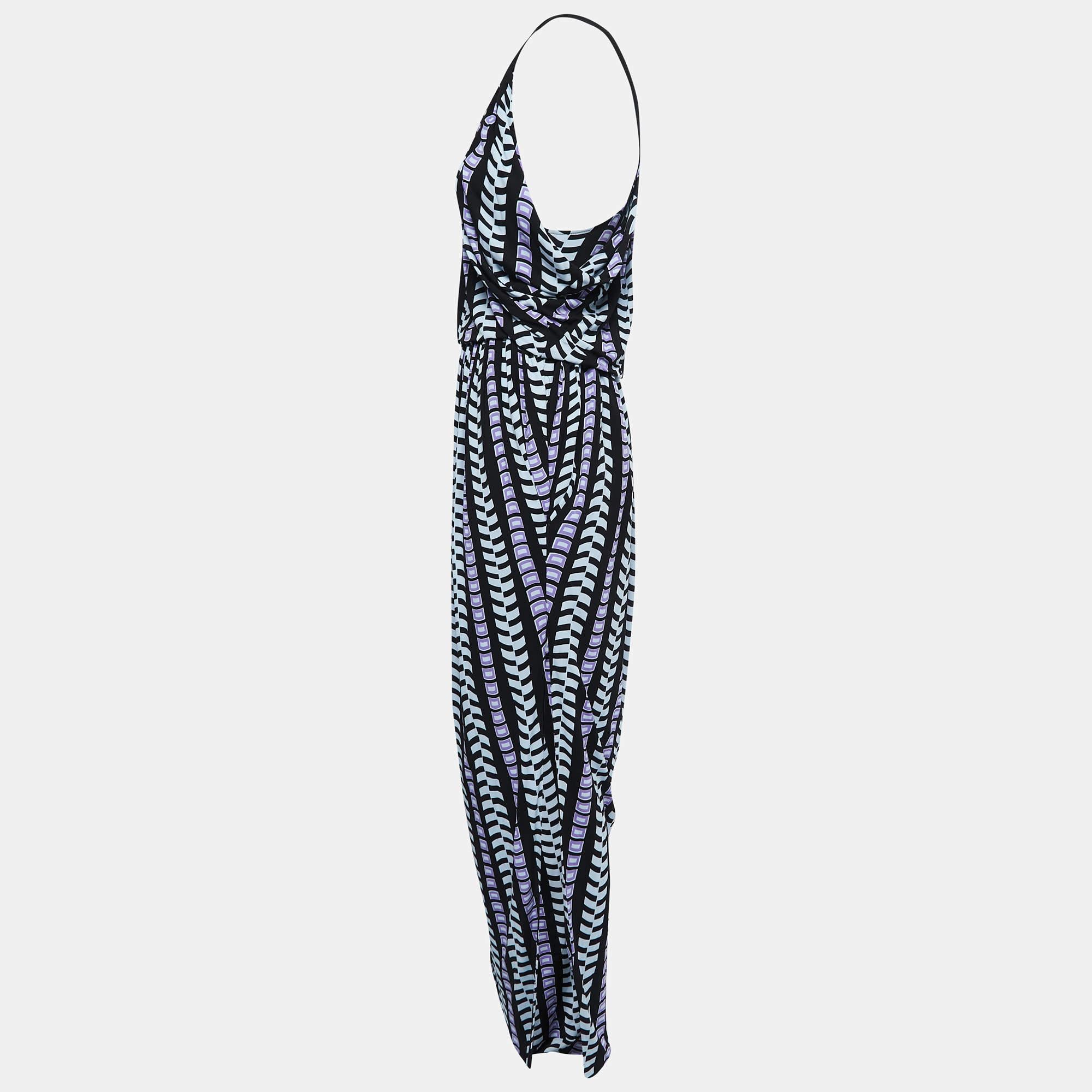 Balenciaga Black/Purple Patterned Jersey Strappy Draped Maxi Dress S In Good Condition For Sale In Dubai, Al Qouz 2