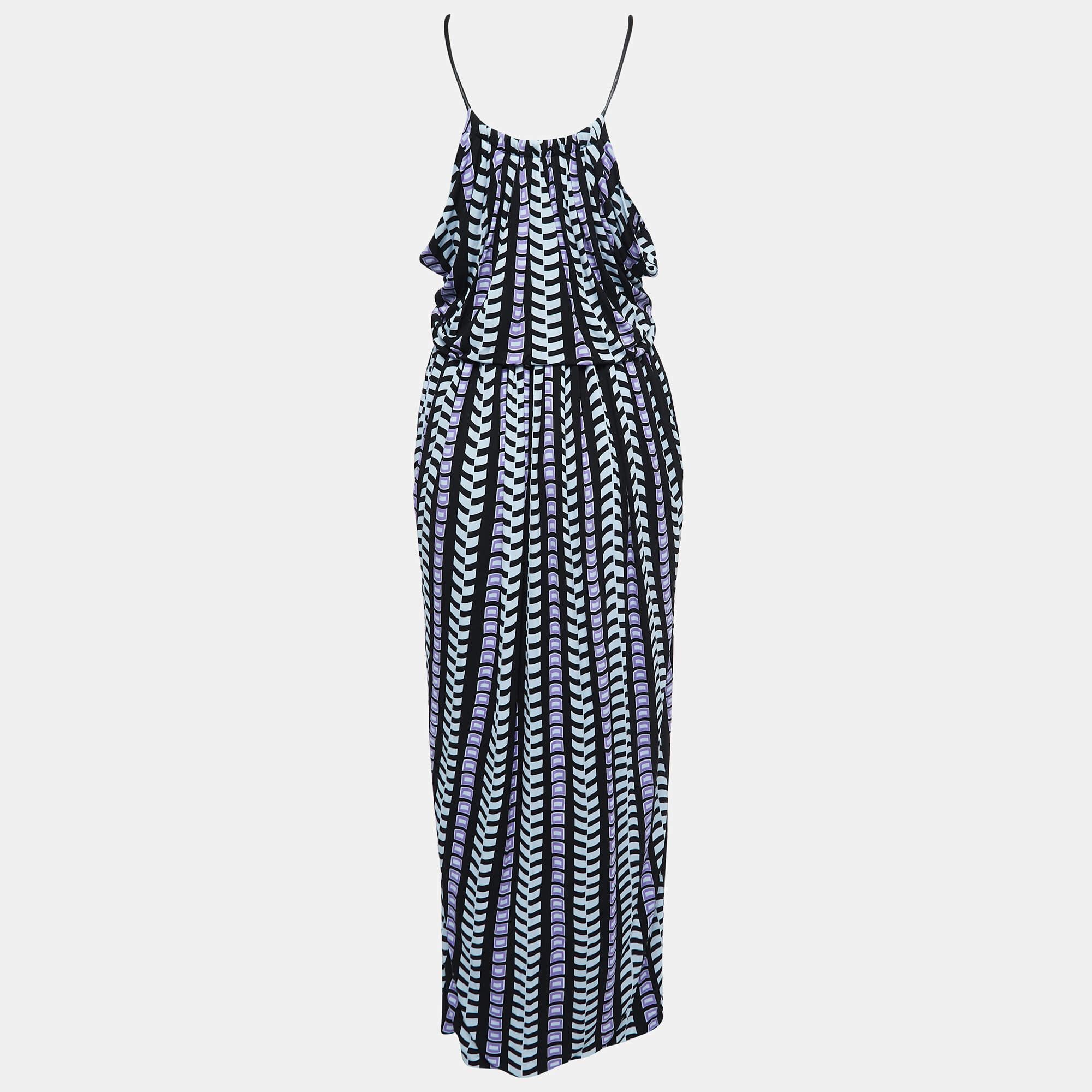 Women's Balenciaga Black/Purple Patterned Jersey Strappy Draped Maxi Dress S For Sale