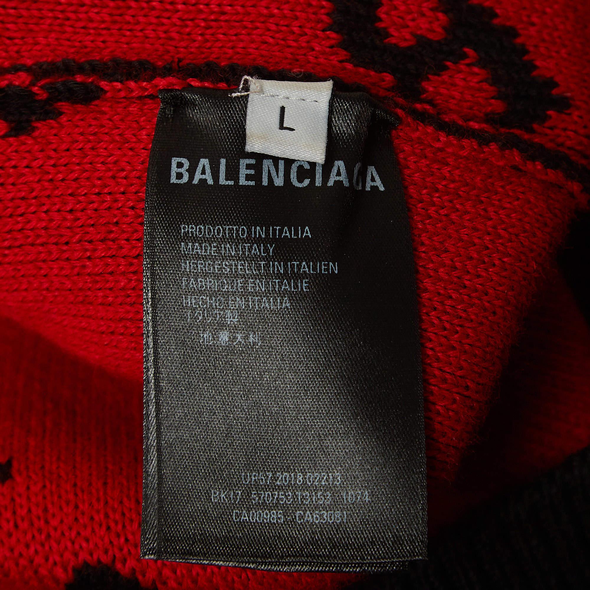 Men's Balenciaga Black/Red Logo Intarsia Knit Crew Neck Sweater L