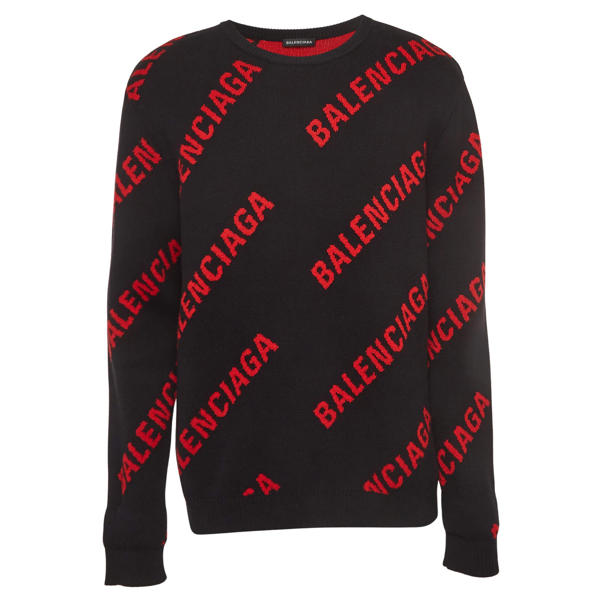Balenciaga Black/Red Logo Intarsia Knit Crew Neck Sweater L