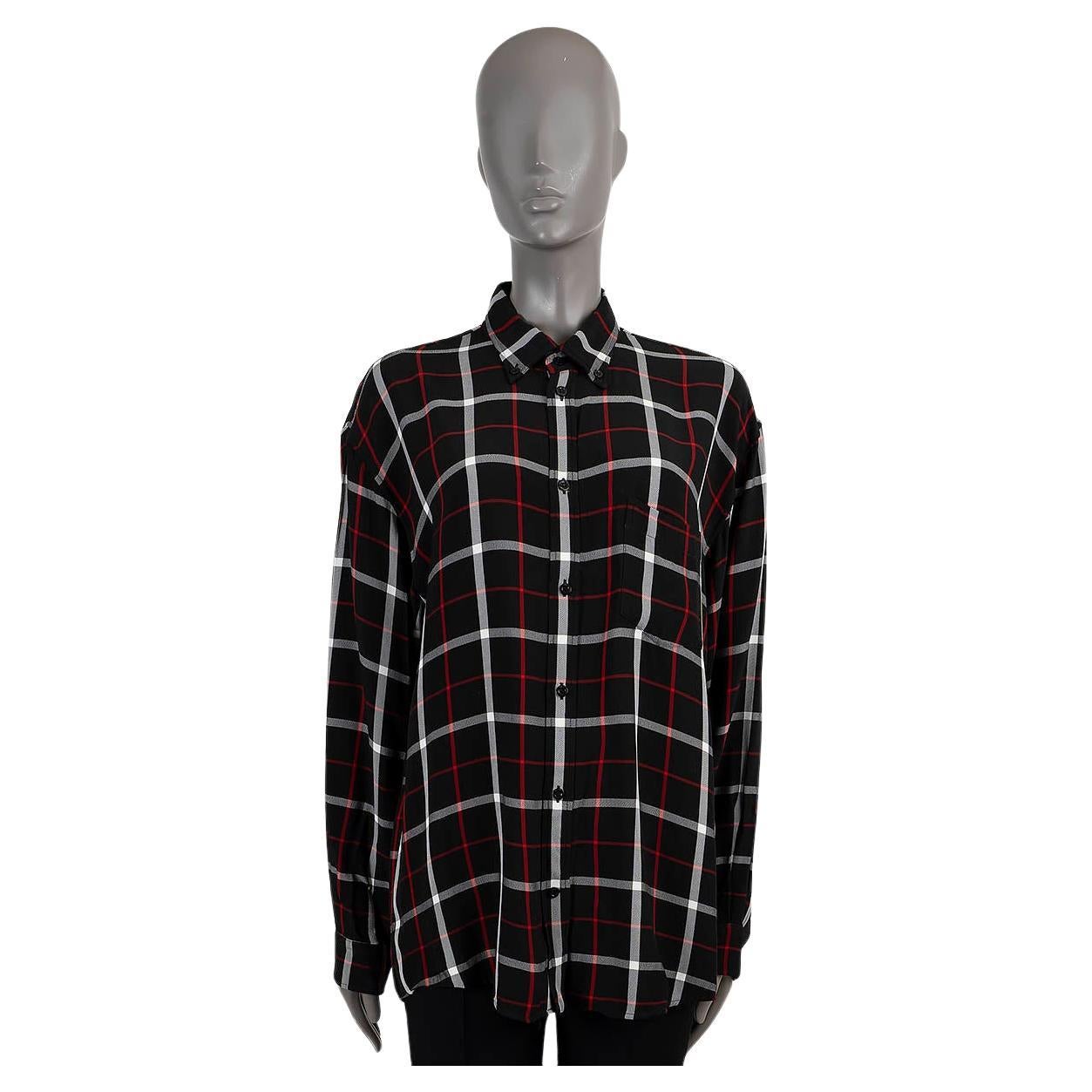 BALENCIAGA black red white viscose 2019 LOGO PLAID Button-Up Shirt 40 M For Sale