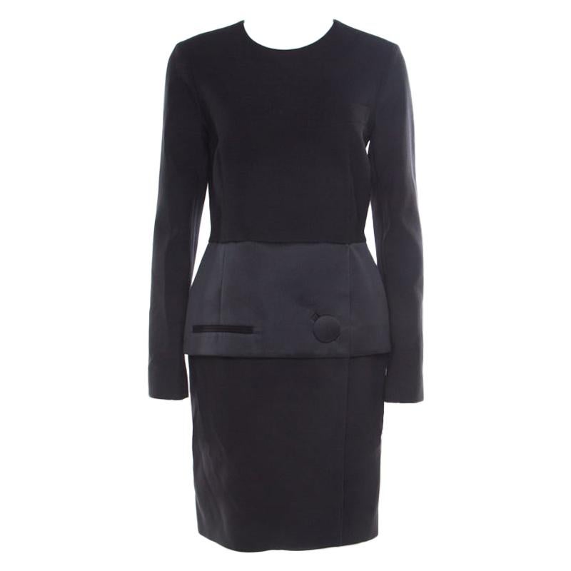 Balenciaga Black Satin Peplum Detail Long Sleeve Dress M