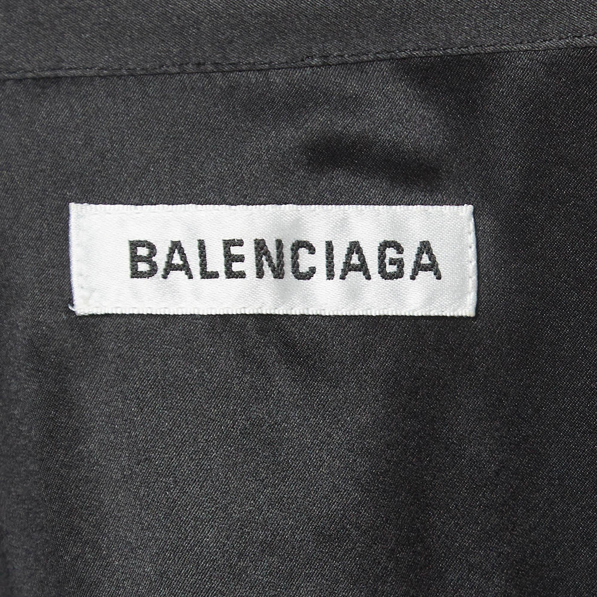 Balenciaga Schwarz Satin Seide Tie-Up Hals Knopf vorne Shirt S im Angebot 1