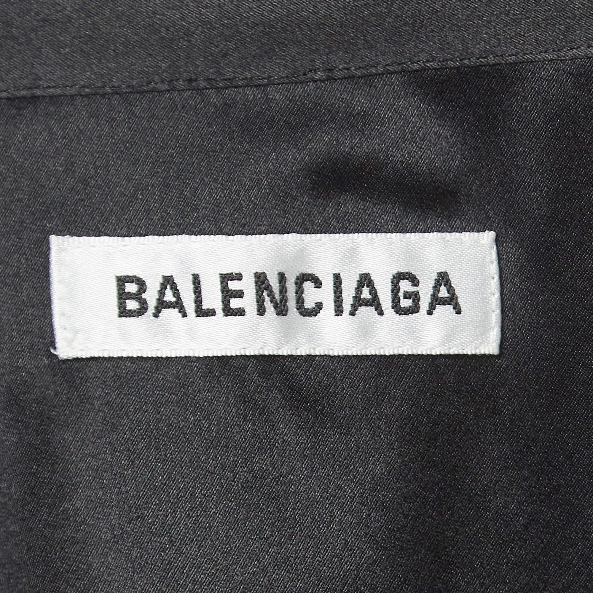 Balenciaga Schwarz Satin Seide Tie-Up Hals Knopf vorne Shirt S im Angebot 3