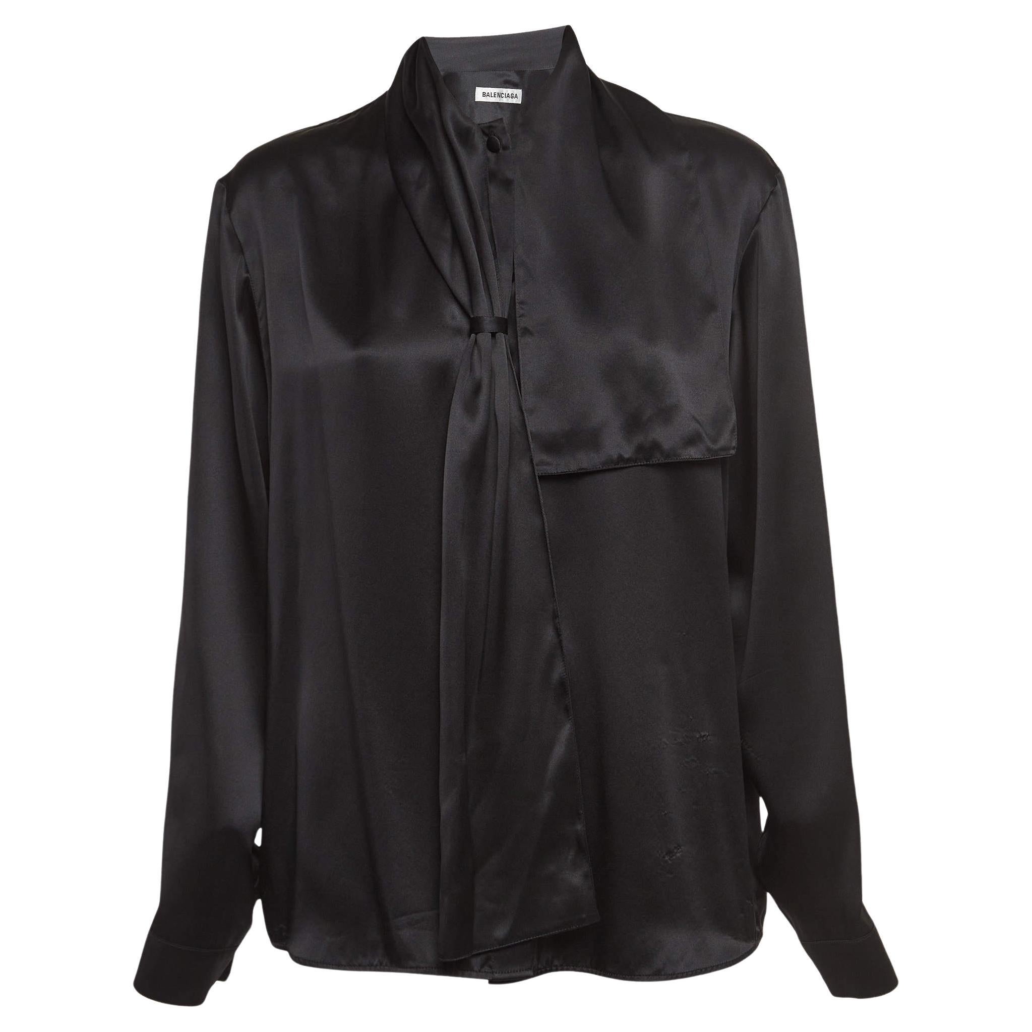 Balenciaga Black Satin Silk Tie-Up Neck Button Front Shirt S For Sale