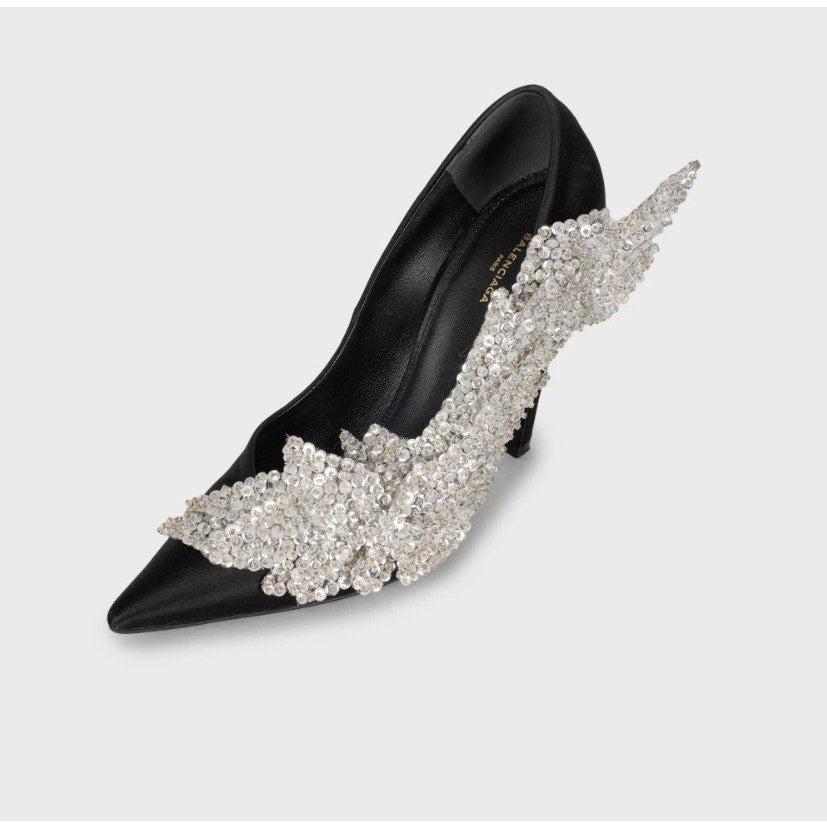 Noir Balenciaga - Escarpins en satin noir à talon et paillettes - Taille 38 en vente