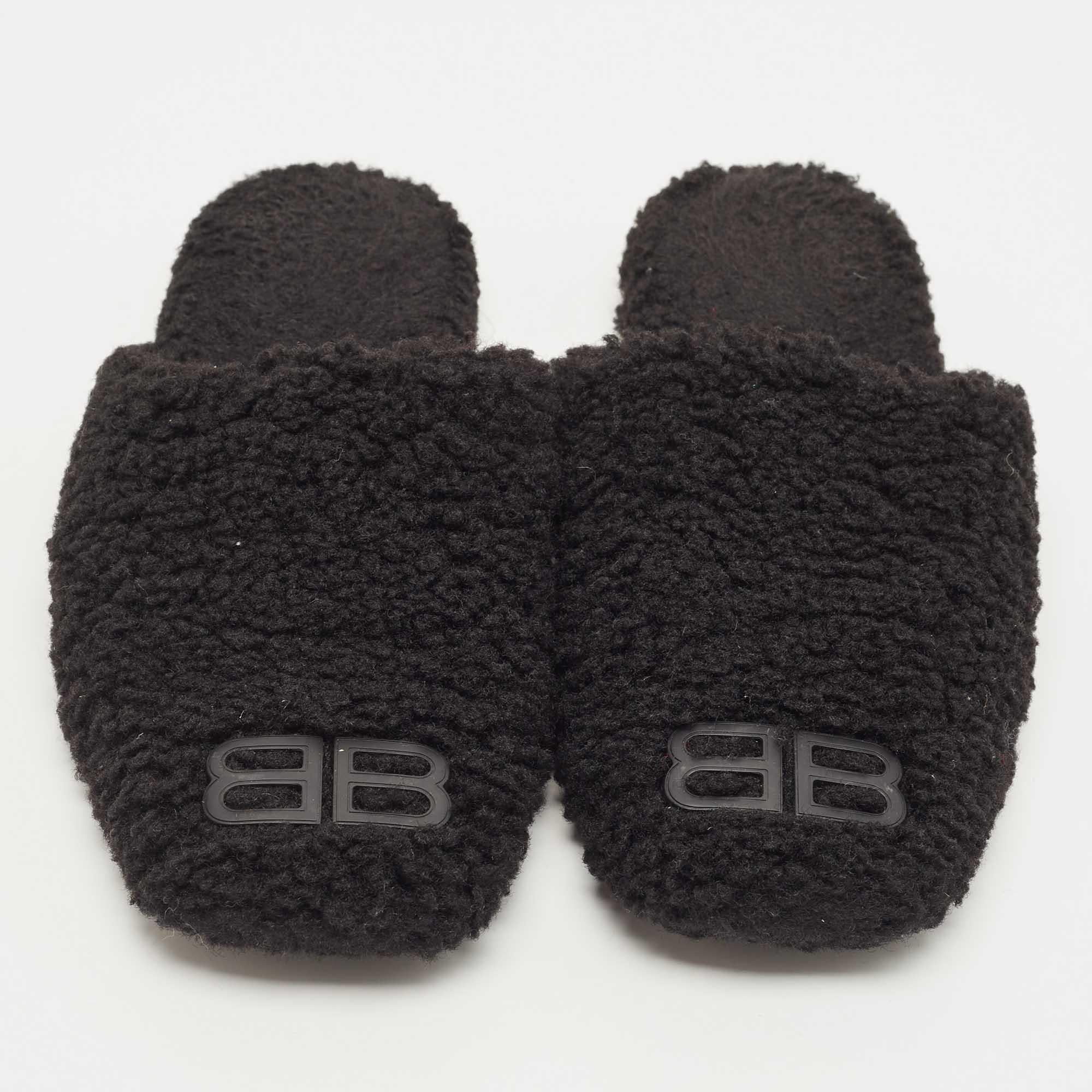 Women's Balenciaga Black Shearling Fur BB Flat Mules Size 39