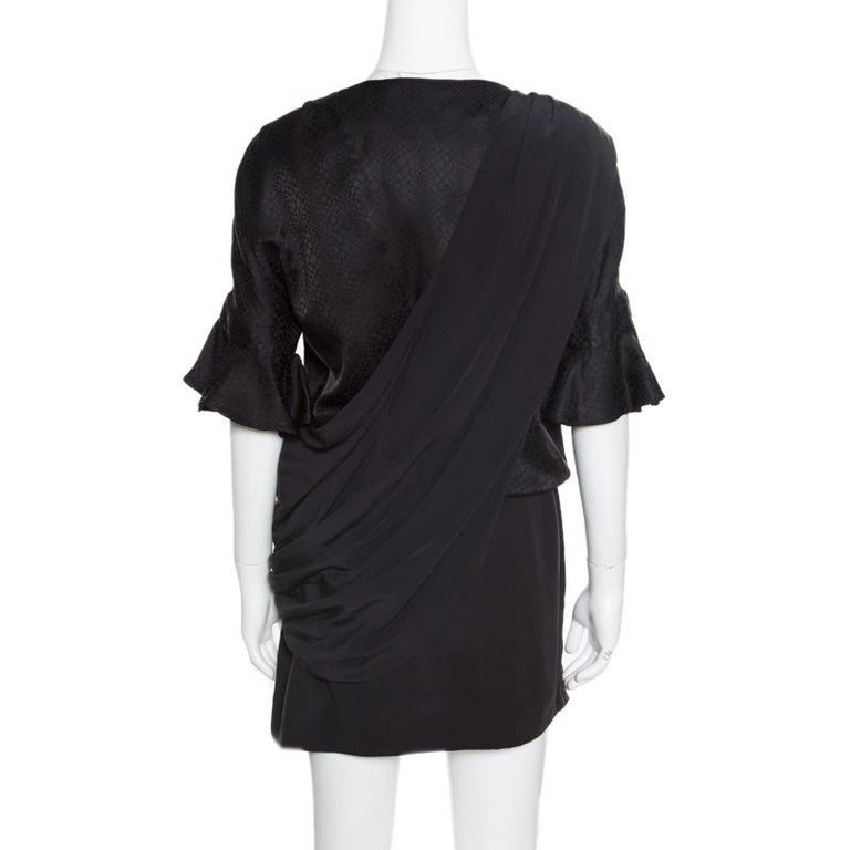 Balenciaga Black Silk Animal Scale Pattern Side Draped Dress L For Sale ...