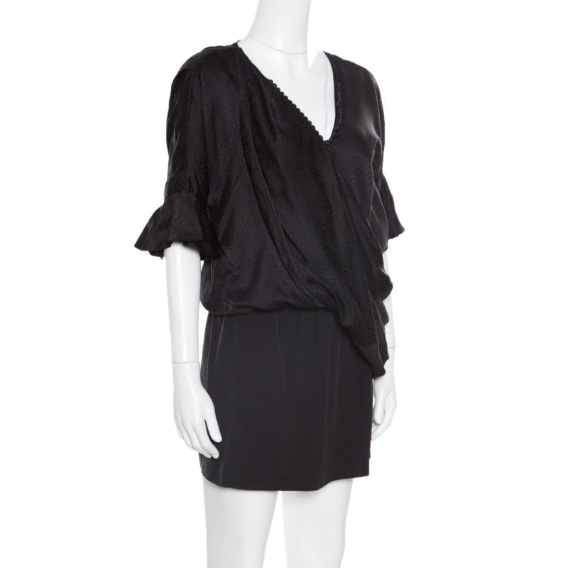 Balenciaga Black Silk Animal Scale Pattern Side Draped Dress L In Good Condition In Dubai, Al Qouz 2