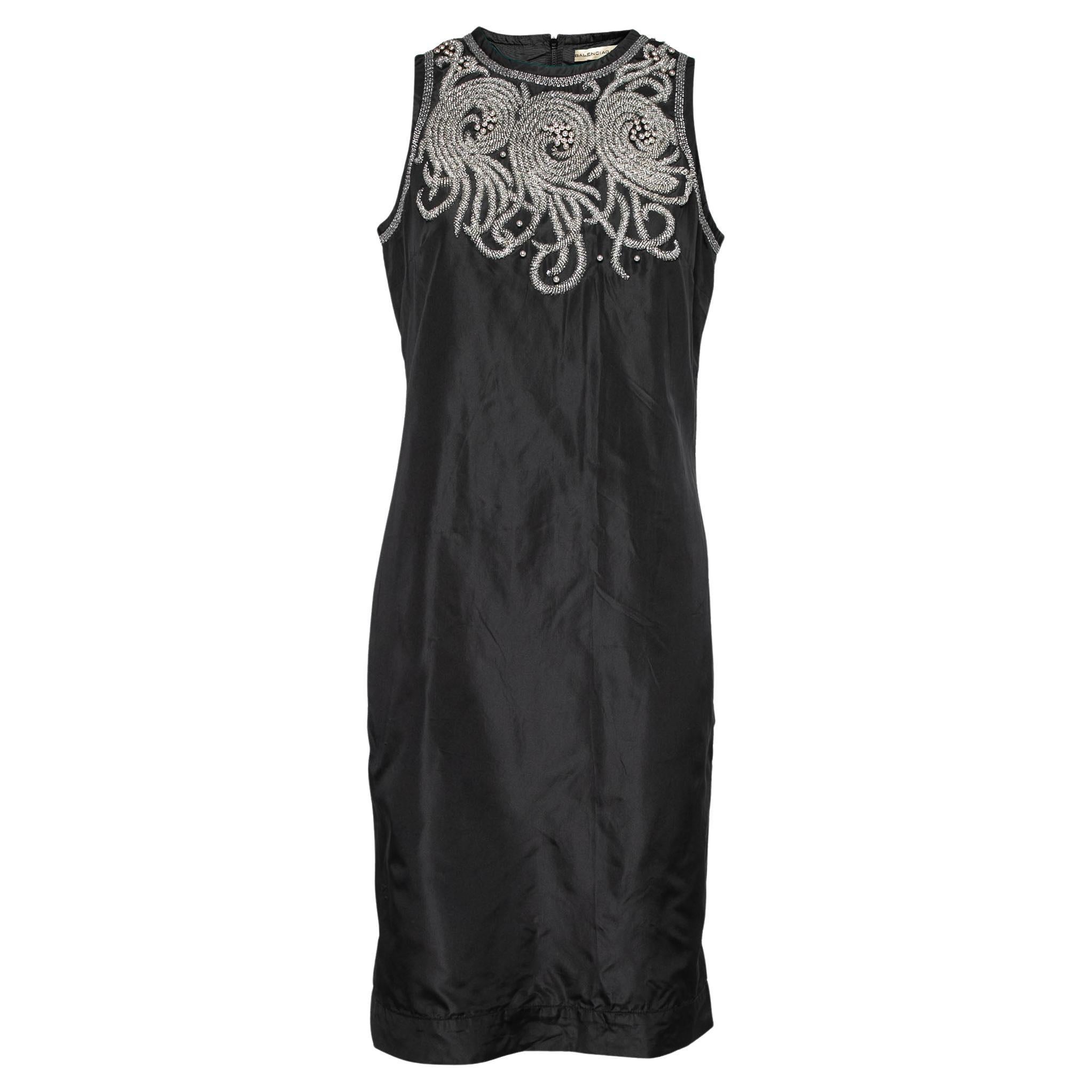 Balenciaga Black Silk Bead Embellished Sleeveless Dress M