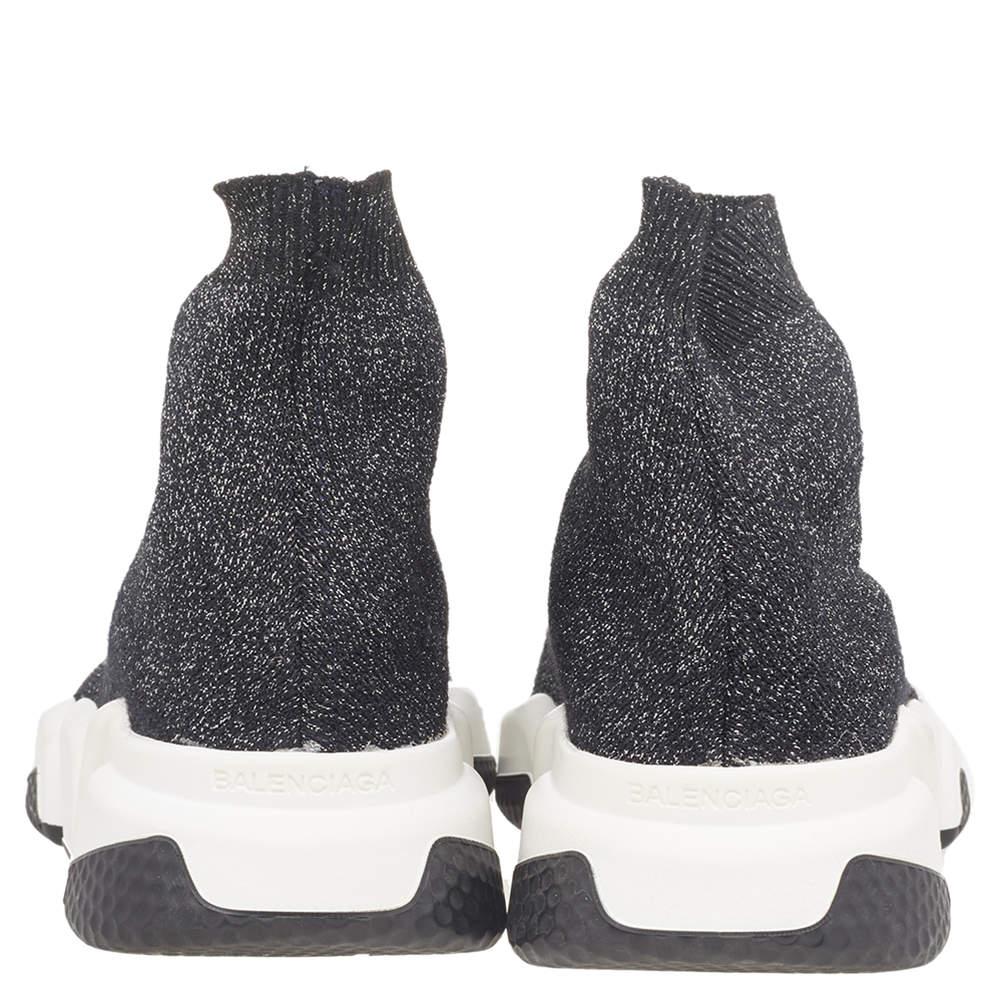 Balenciaga Black/Silver Glitter Knit Fabric Speed Trainer Sneakers Size 35 In Good Condition For Sale In Dubai, Al Qouz 2