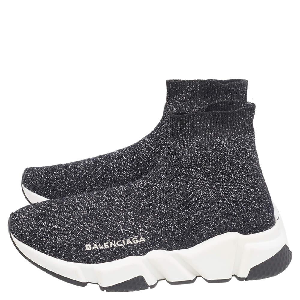 Women's Balenciaga Black/Silver Glitter Knit Fabric Speed Trainer Sneakers Size 35 For Sale
