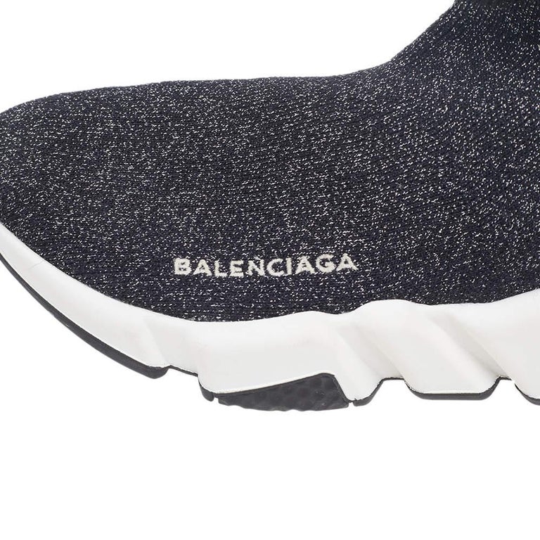 Balenciaga Black/Silver Glitter Knit Fabric Speed Trainer Sneakers Size