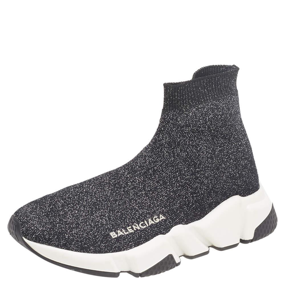 Balenciaga Black/Silver Glitter Knit Fabric Speed Trainer Sneakers Size 35 For Sale 2
