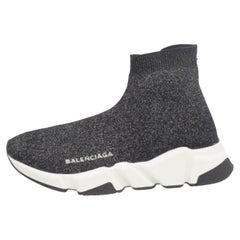 Balenciaga Black/Silver Glitter Knit Fabric Speed Trainer Sneakers Size 35
