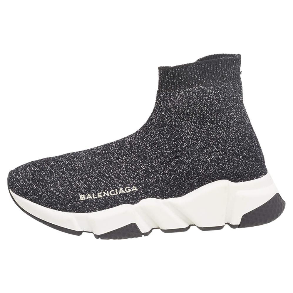 Balenciaga Black/Silver Glitter Knit Fabric Speed Trainer Sneakers Size 35 For Sale