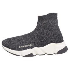 Used Balenciaga Black/Silver Glitter Knit Fabric Speed Trainer Sneakers Size 35