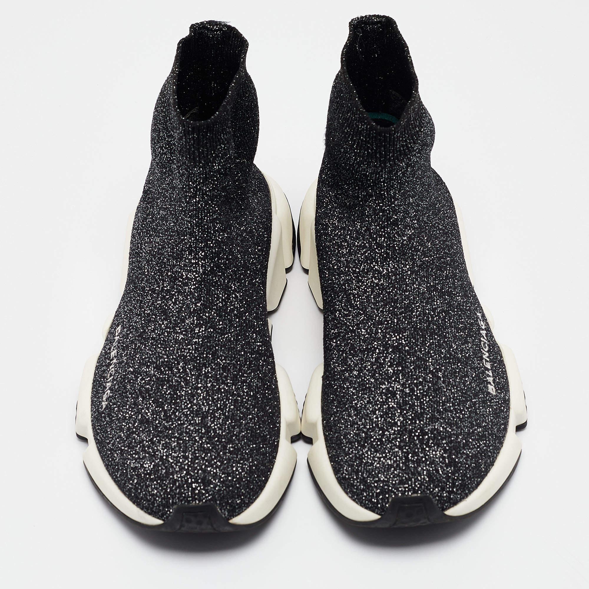 Balenciaga Black/Silver Lurex Fabric Speed Trainer Sneakers Size 38 In Good Condition For Sale In Dubai, Al Qouz 2