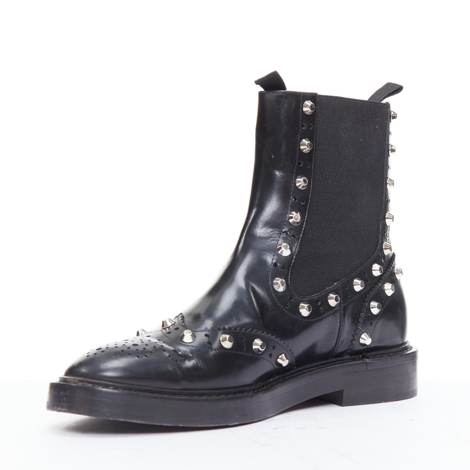 BALENCIAGA black silver studded brogue chelsea ankle boots EU38 In Good Condition For Sale In Hong Kong, NT
