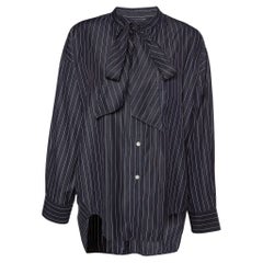 Balenciaga Black Striped Cotton Neck Tie Detail Oversized Shirt 
