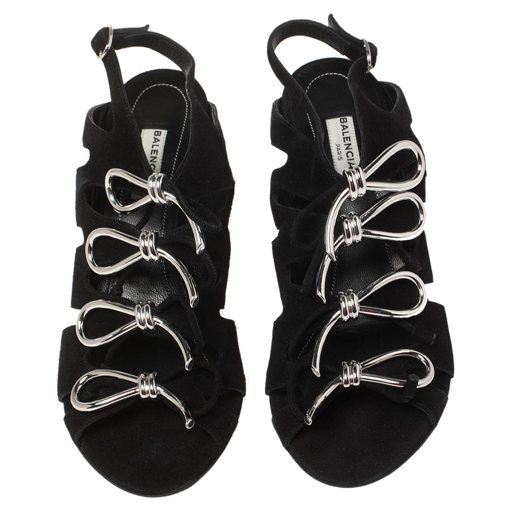 Balenciaga Black Suede Bow Embellished Slingback Sandals Size 36.5 In Excellent Condition In Dubai, Al Qouz 2