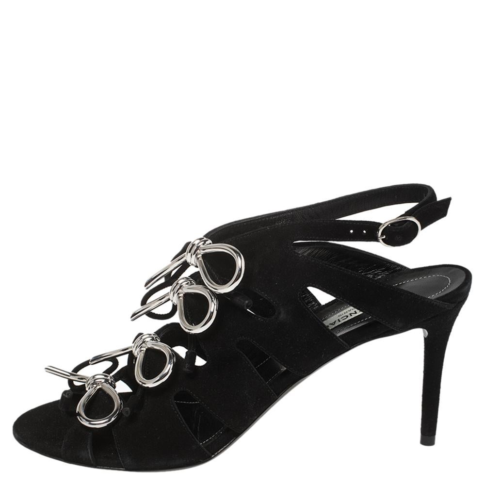 Balenciaga Black Suede Bow Embellished Slingback Sandals Size 36.5 1