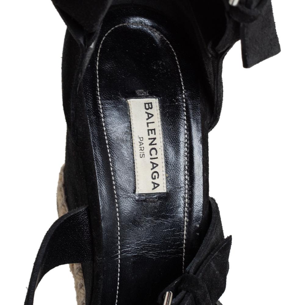 Women's Balenciaga Black Suede Espadrille Wedge Ankle Strap Sandals Size 41