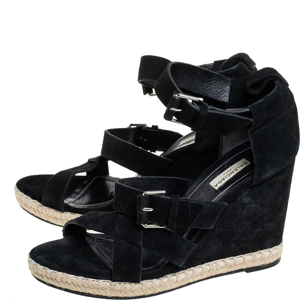 Balenciaga Black Suede Espadrille Wedge Ankle Strap Sandals Size 41 1