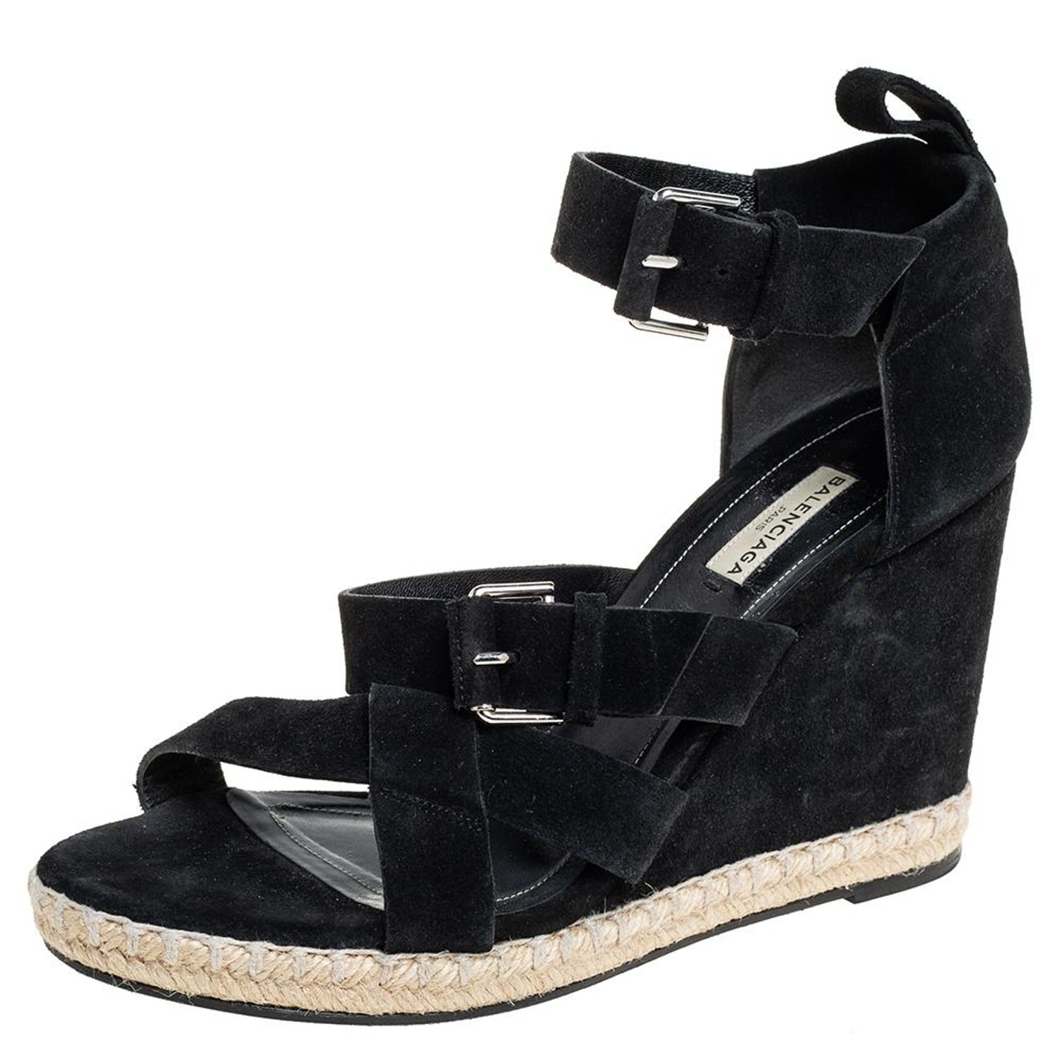 Balenciaga Black Suede Espadrille Wedge Ankle Strap Sandals Size 41 For  Sale at 1stDibs
