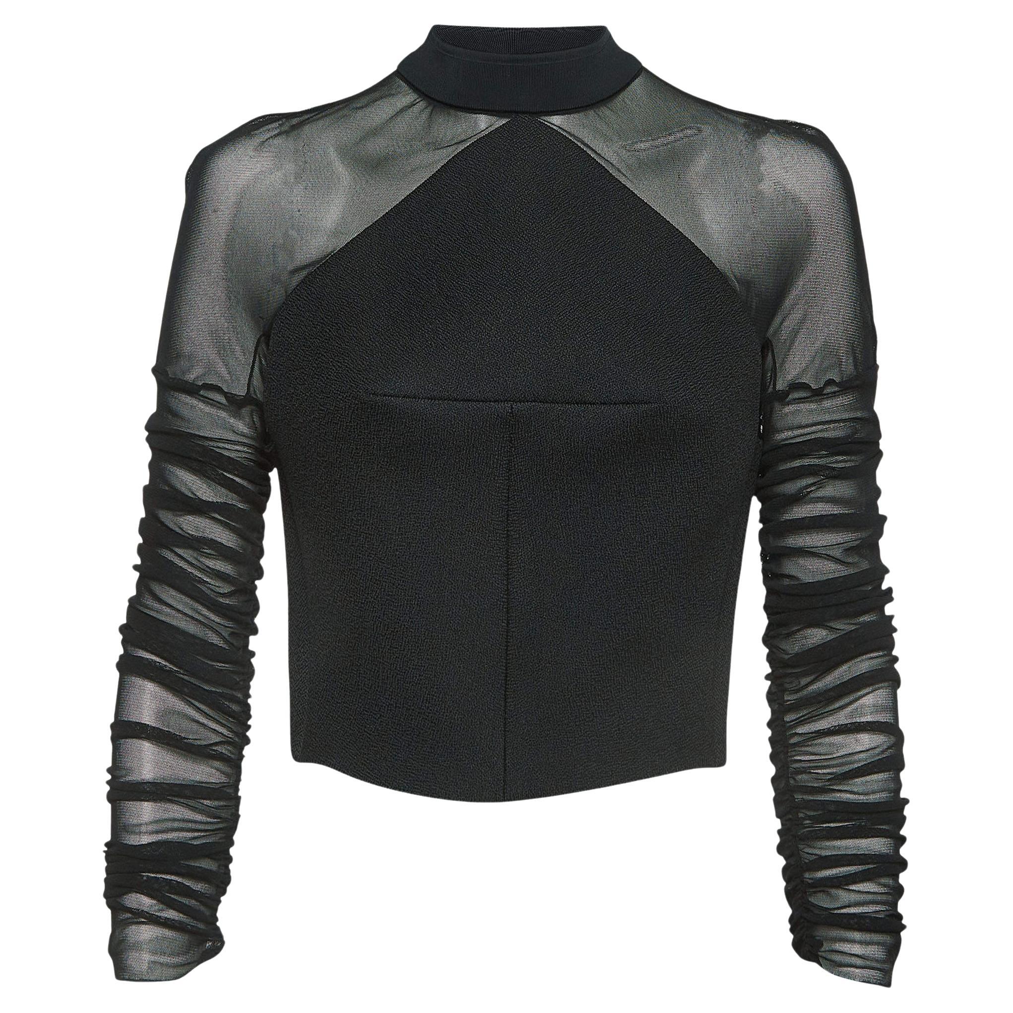 Balenciaga Black Synthetic and Mesh Ruched Sleeve Top M For Sale