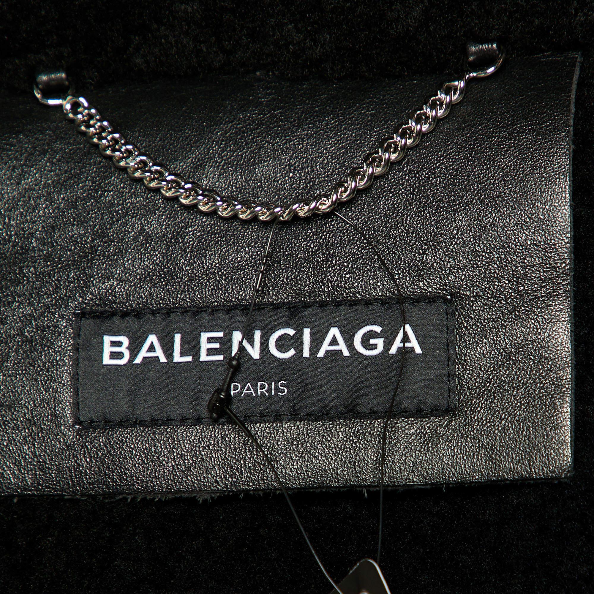 Women's Balenciaga Black Texture Leather & Logo Shearling Jacket XL For Sale
