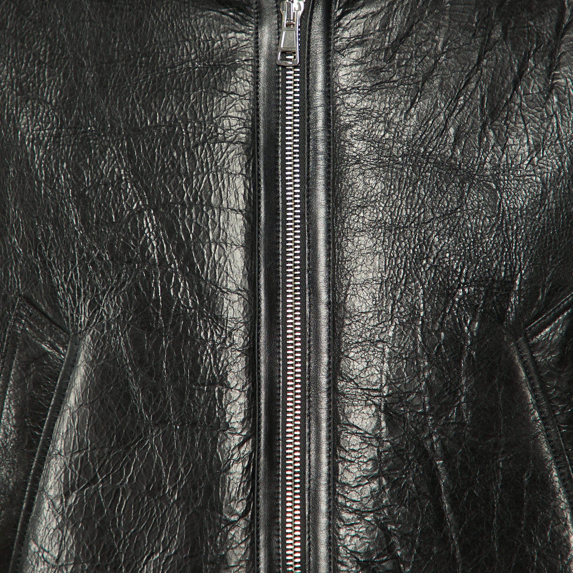 Balenciaga Black Texture Leather & Logo Shearling Jacket XL For Sale 1