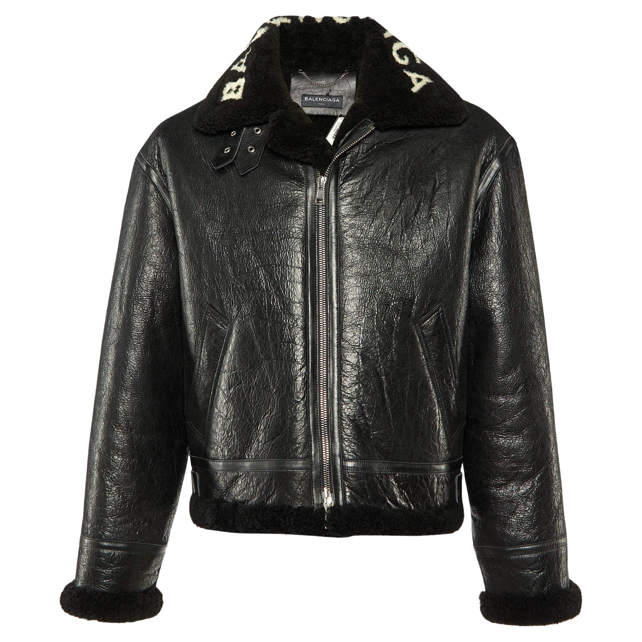 Balenciaga Black Texture Leather & Logo Shearling Jacket XL For Sale
