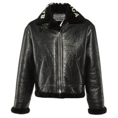 Balenciaga Black Texture Leather & Logo Shearling Jacket XL