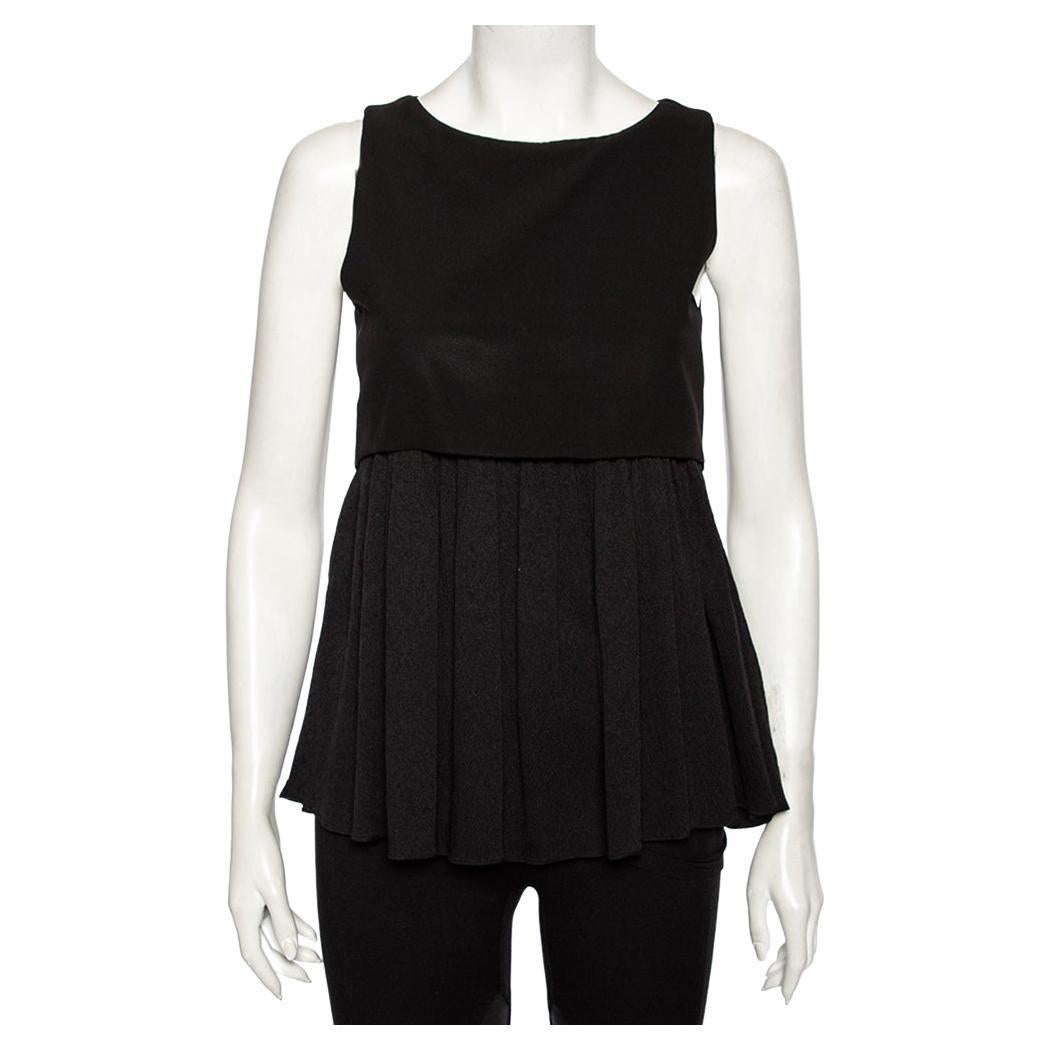 Balenciaga Black Textured Silk Contrast Overlay Detailed Sleeveless Mini Dress M For Sale