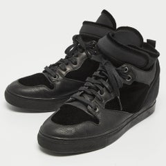 Balenciaga Black Velvet and Leather Velcro Strap High Top Sneakers Size 36