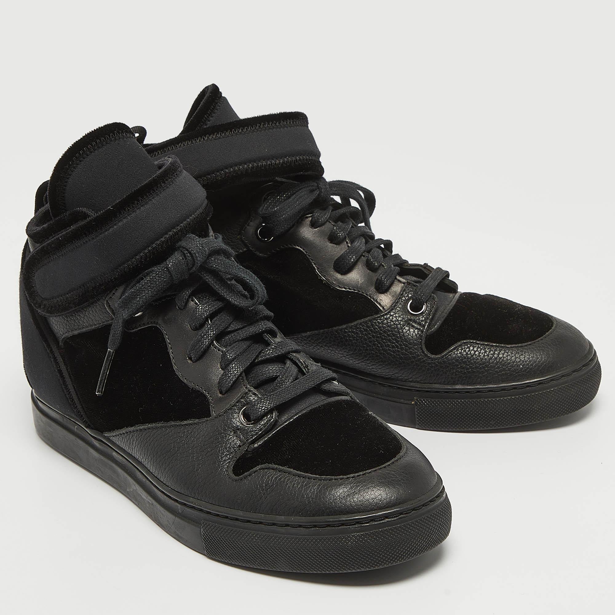 Women's Balenciaga Black Velvet and Leather Velcro Strap High Top Sneakers Size 36 For Sale
