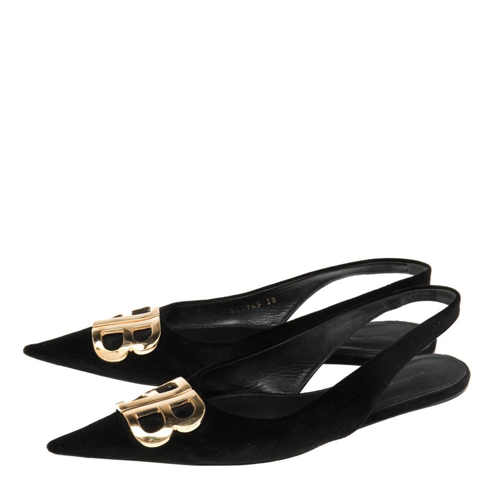 Women's Balenciaga Black Velvet BB Logo Embellished Slingback Pointed Toe Flats Size 38