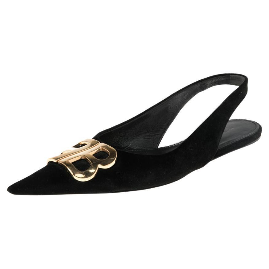 Balenciaga Black Velvet BB Logo Embellished Slingback Pointed Toe Flats Size 38