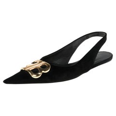 Balenciaga Black Velvet BB Logo Embellished Slingback Pointed Toe Flats Size 38