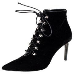 Balenciaga Black Velvet Pointed Toe Lace Up Ankle Boots Size 40