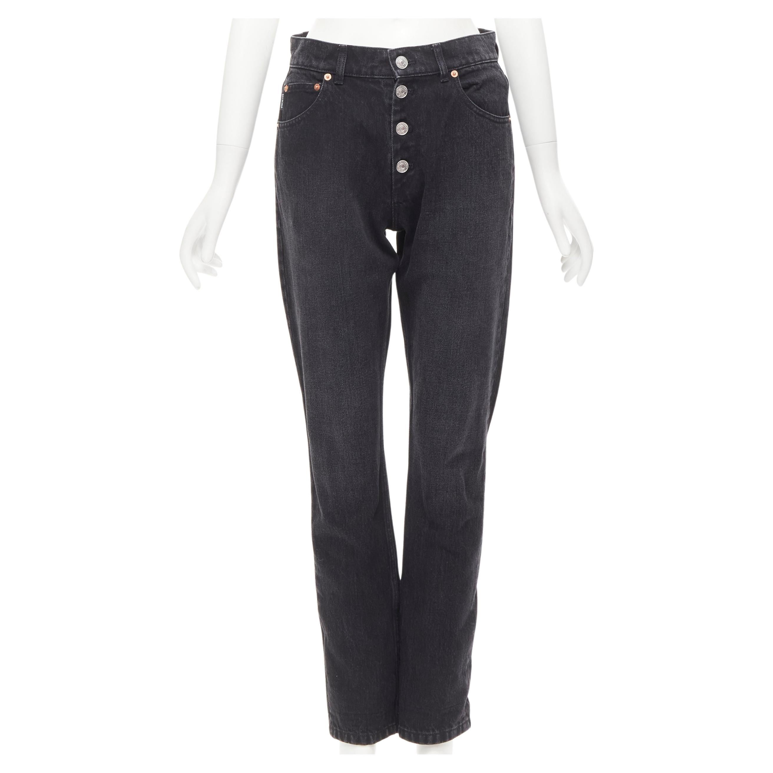 BALENCIAGA black washed denim exposed buttons 5-pocket high waisted jeans 28" For Sale