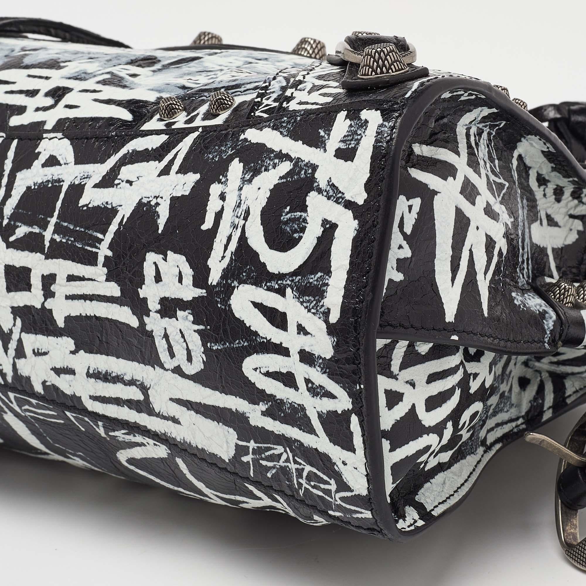 Balenciaga Black/White Graffiti Leather XS Neo Cagole City Bag 6