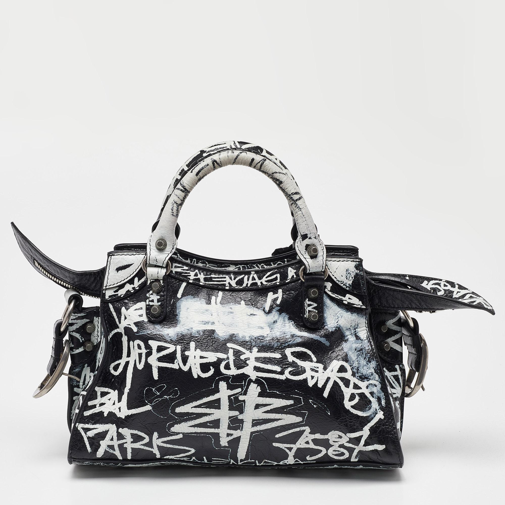 Women's Balenciaga Black/White Graffiti Leather XS Neo Cagole City Bag