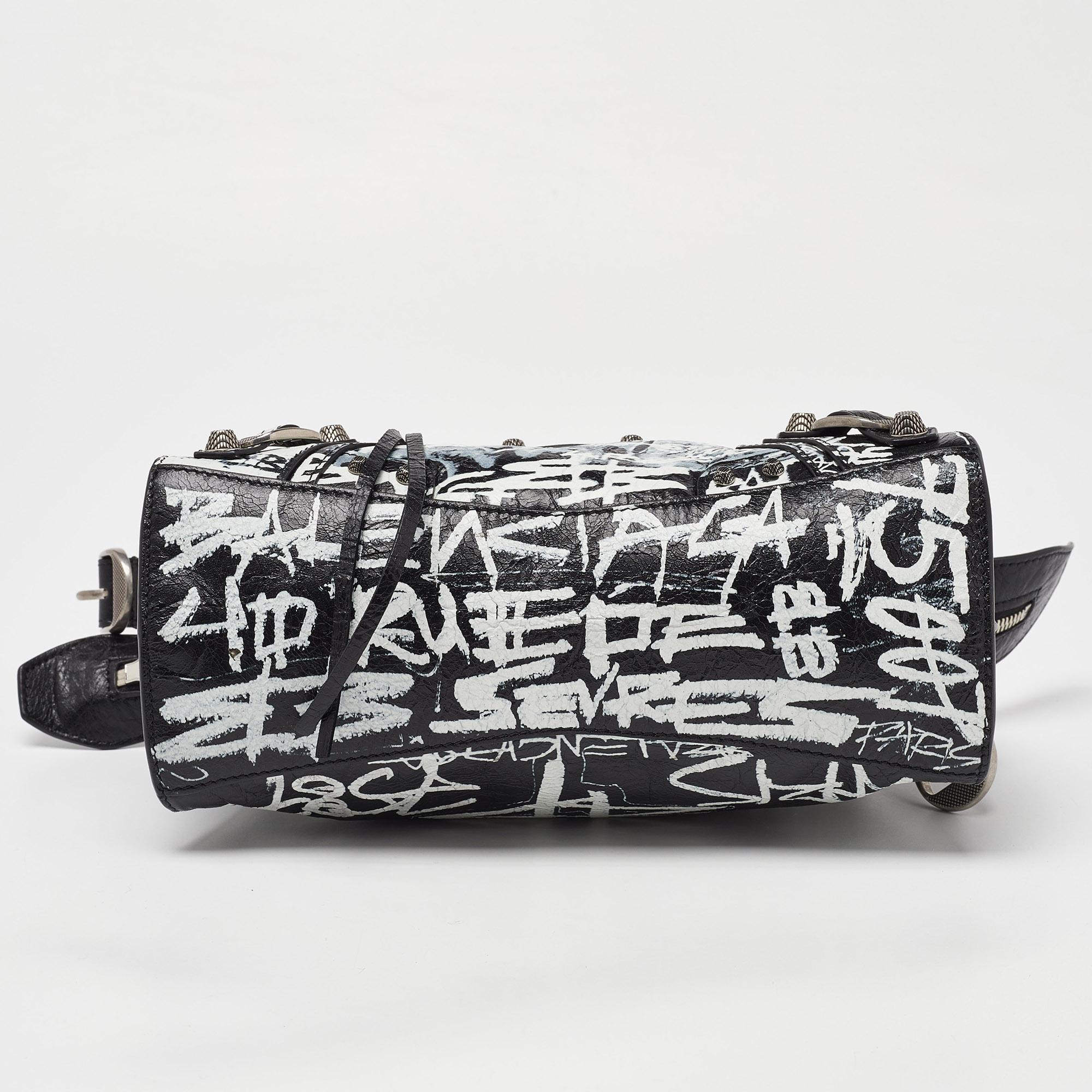 Balenciaga Black/White Graffiti Leather XS Neo Cagole City Bag 2