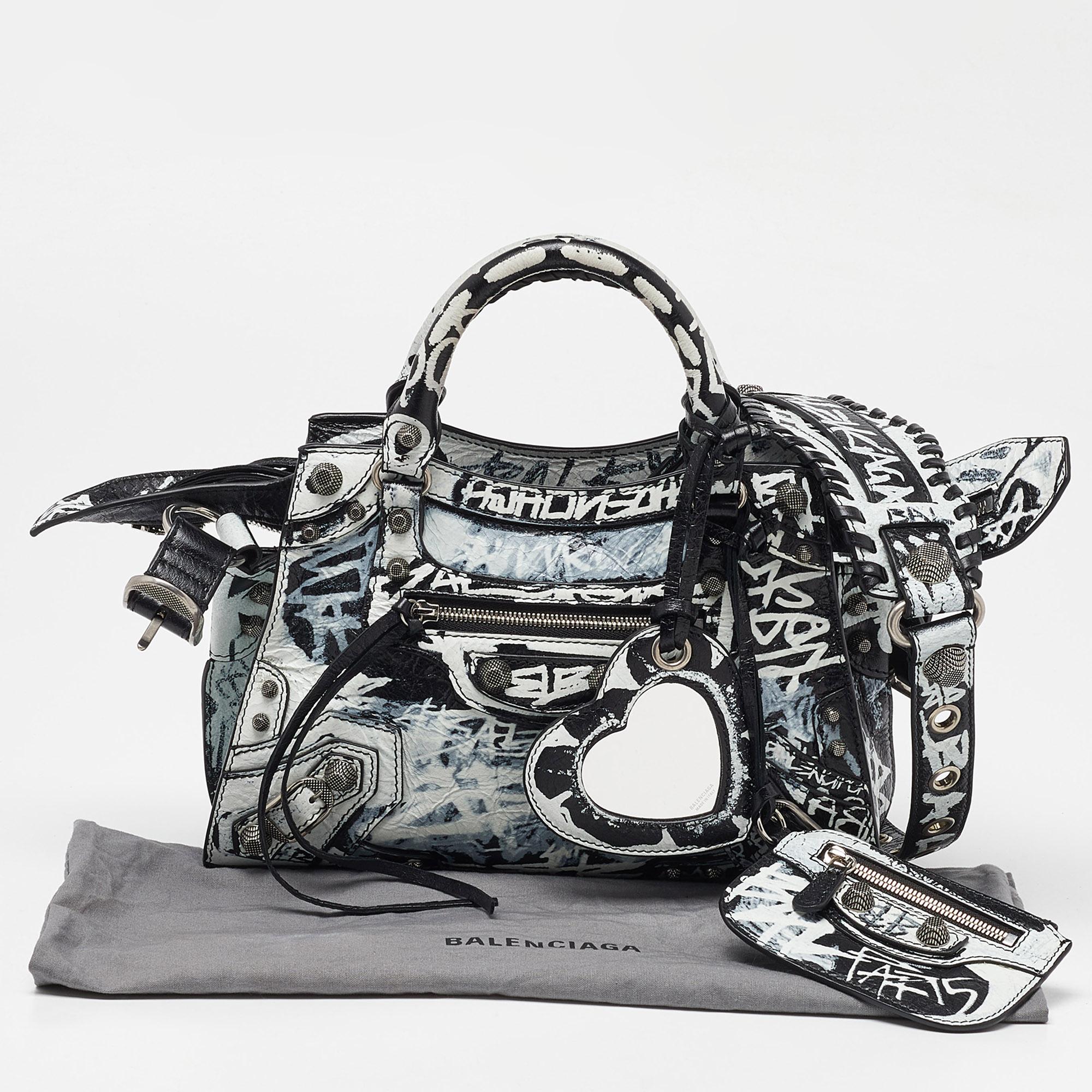 Balenciaga Black/White Graffiti Leather XS Neo Cagole City Bag 5