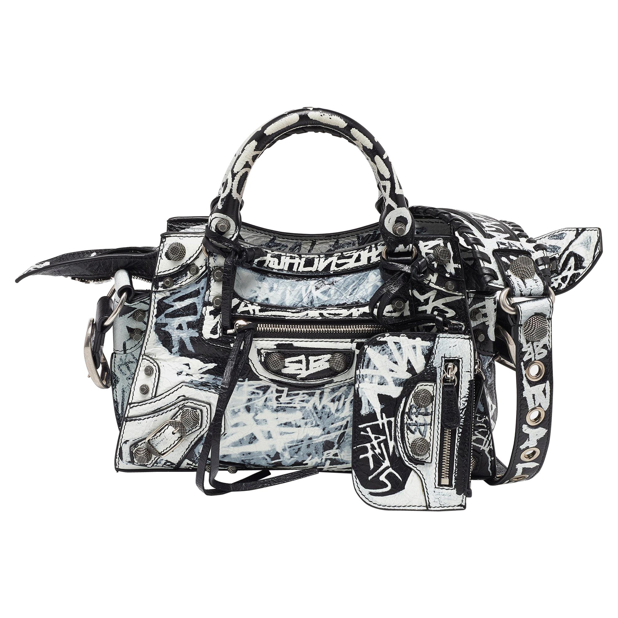 Balenciaga Black/White Graffiti Leather XS Neo Cagole City Bag