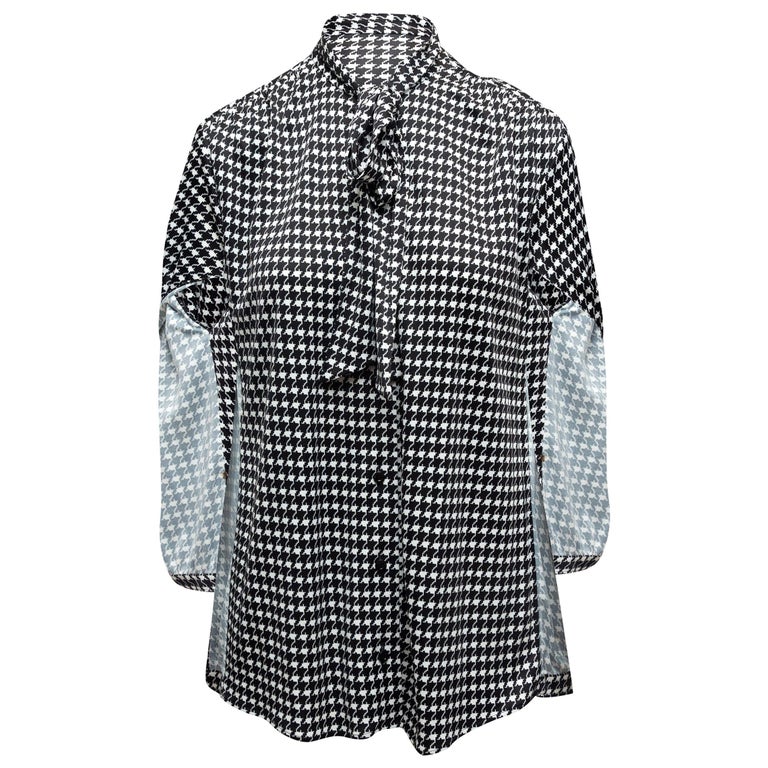 Balenciaga Black and White Houndstooth Pussy Bow Blouse at 1stDibs